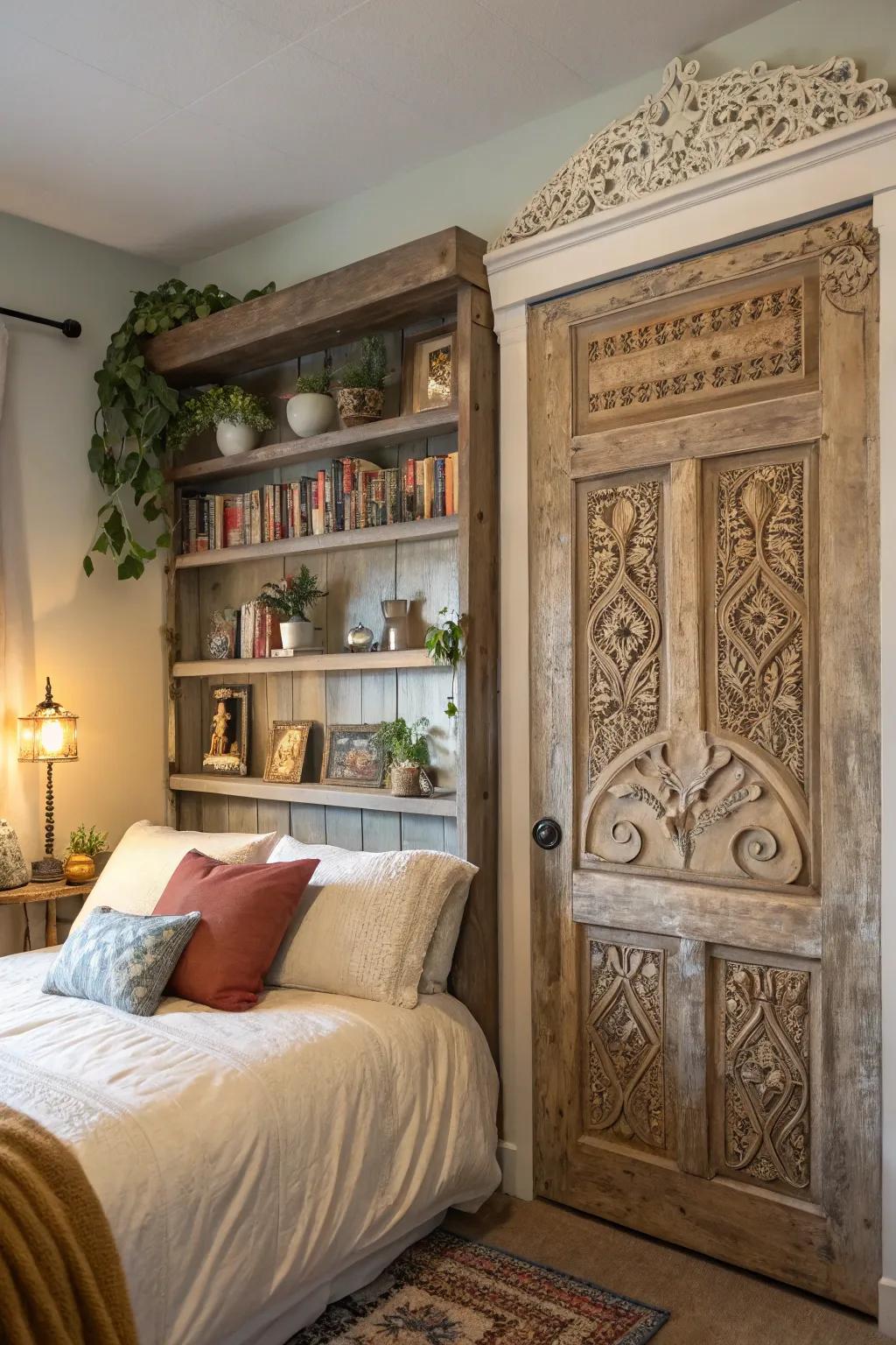 Transform an old door into a headboard with storage.