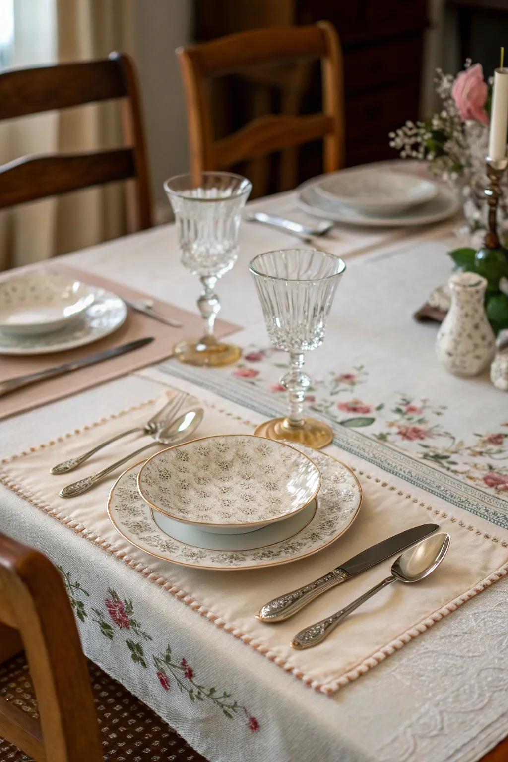 Enhance your dining table with elegant vintage linen placemats.