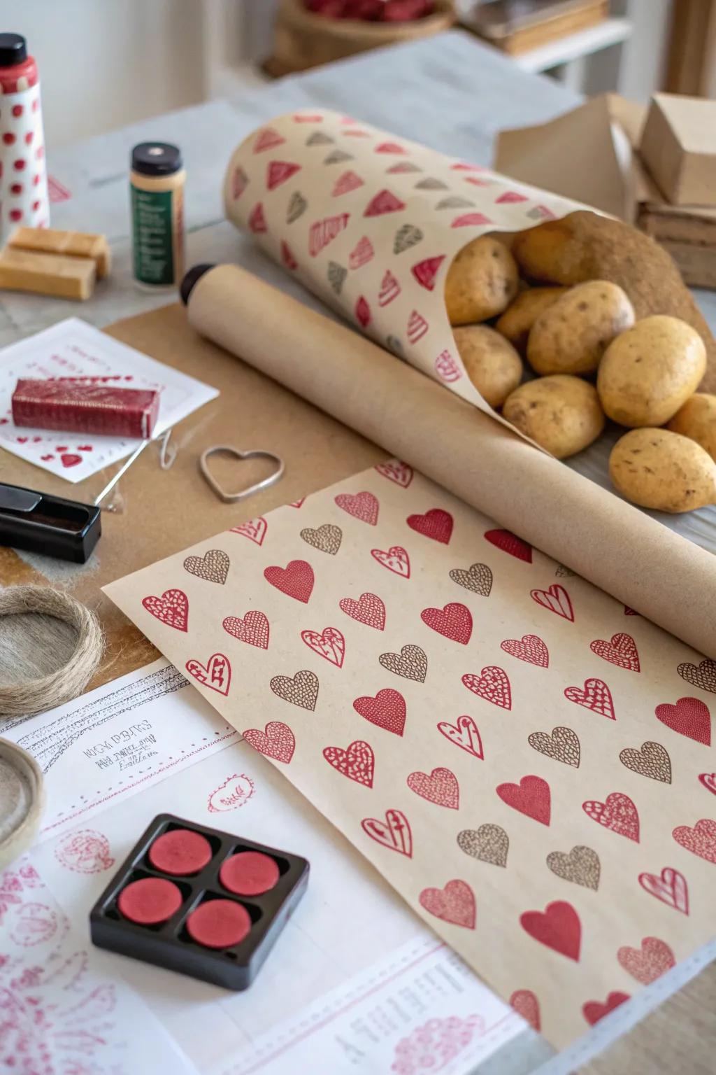 Hand-stamped hearts for a nostalgic and fun wrapping decoration.