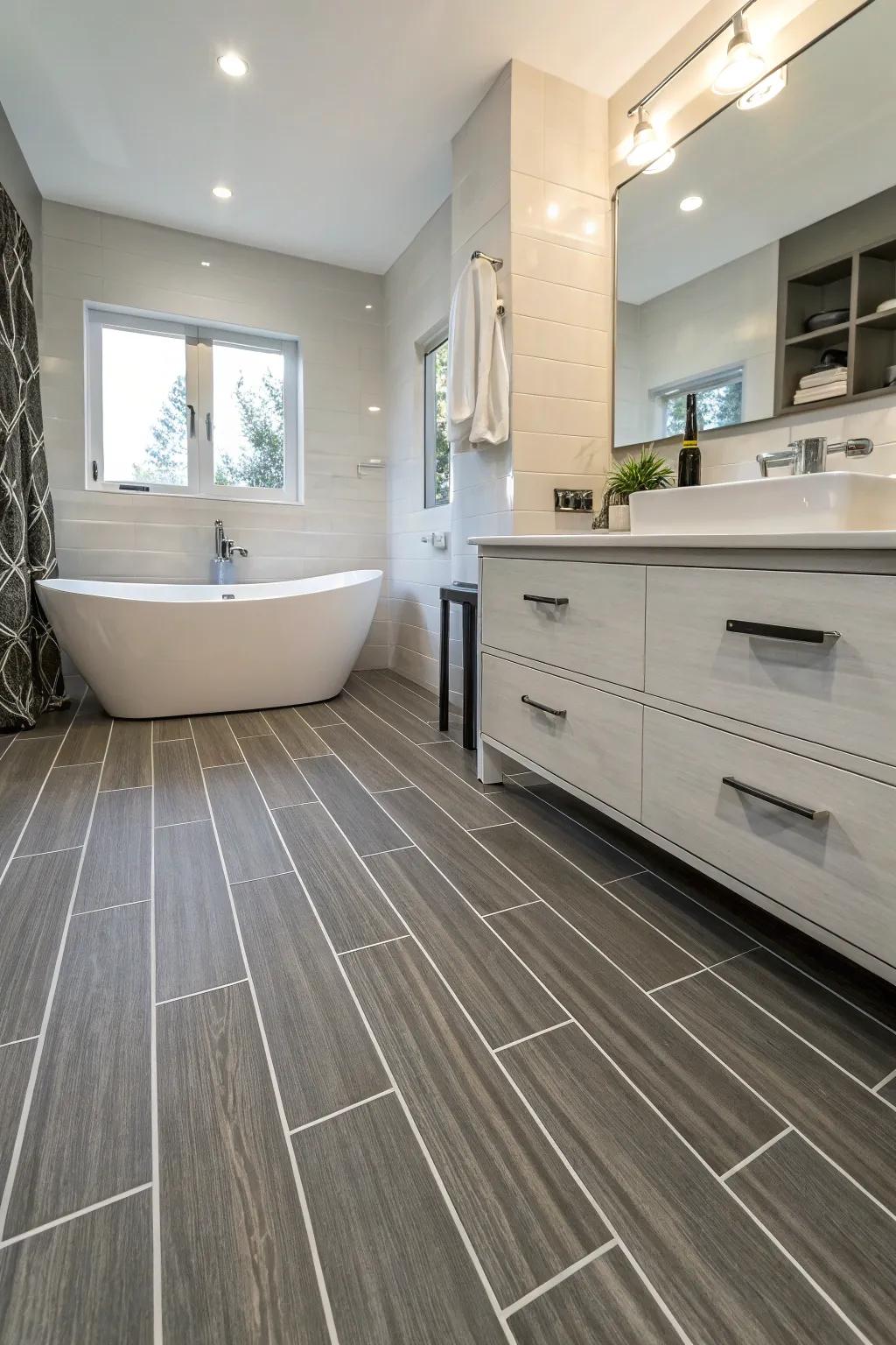 Linear pattern vinyl flooring adds sleek design to this bathroom.