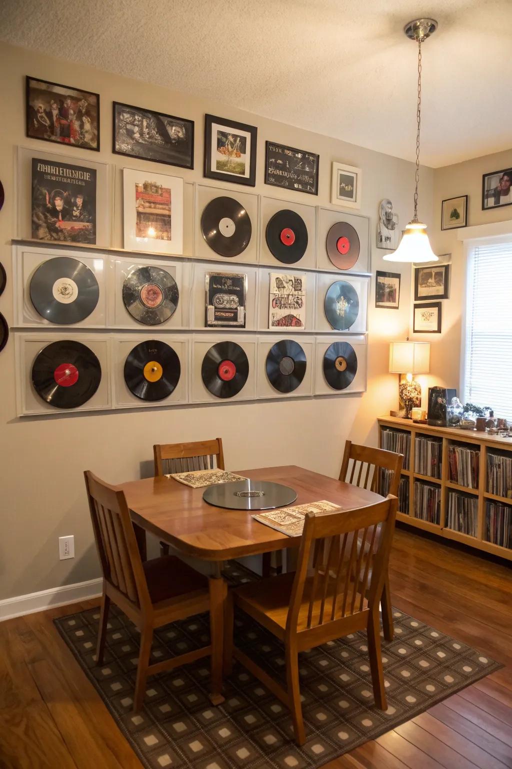 Add sophistication with vinyl records in shadow boxes.