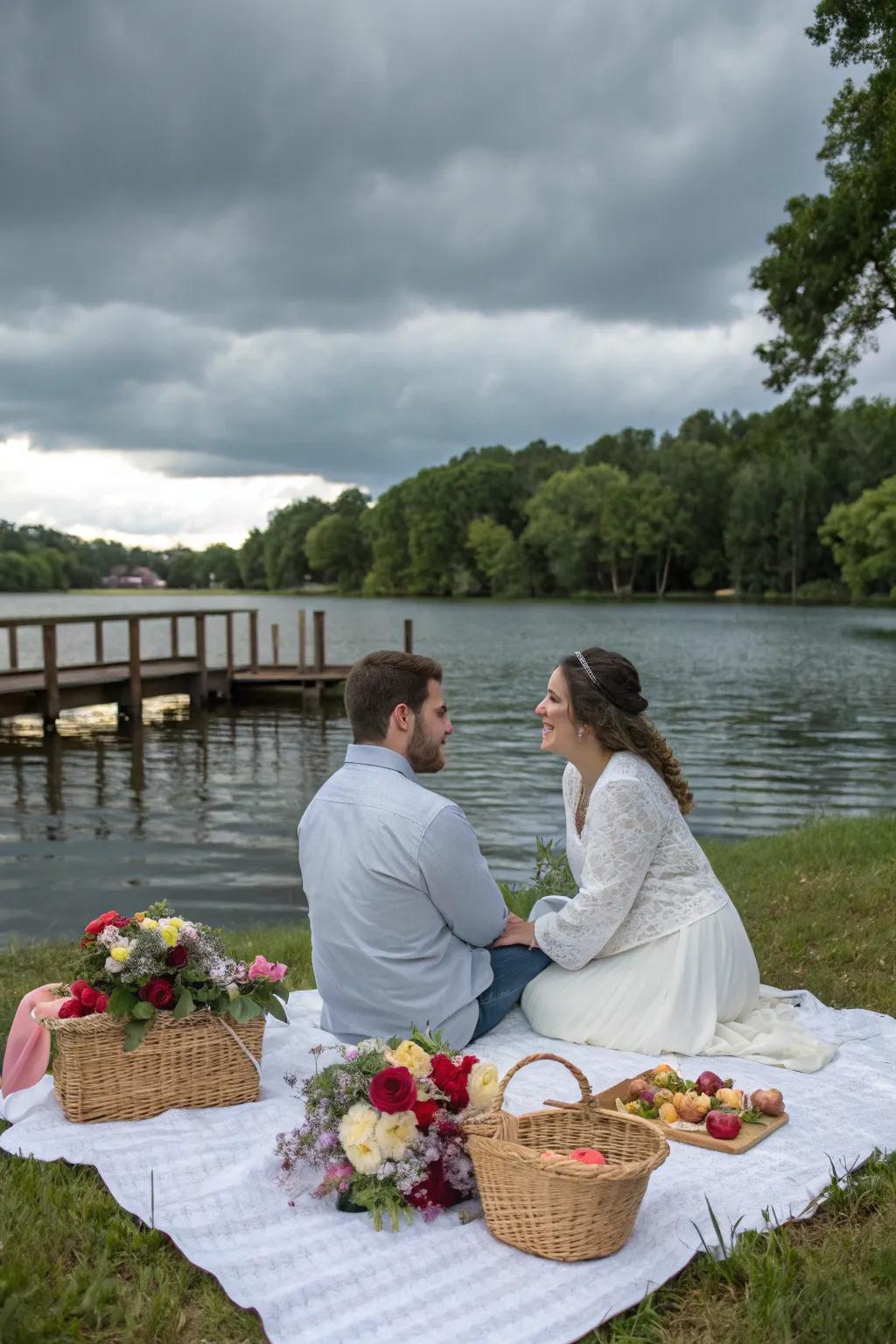 A peaceful vow renewal at a picturesque lakefront.