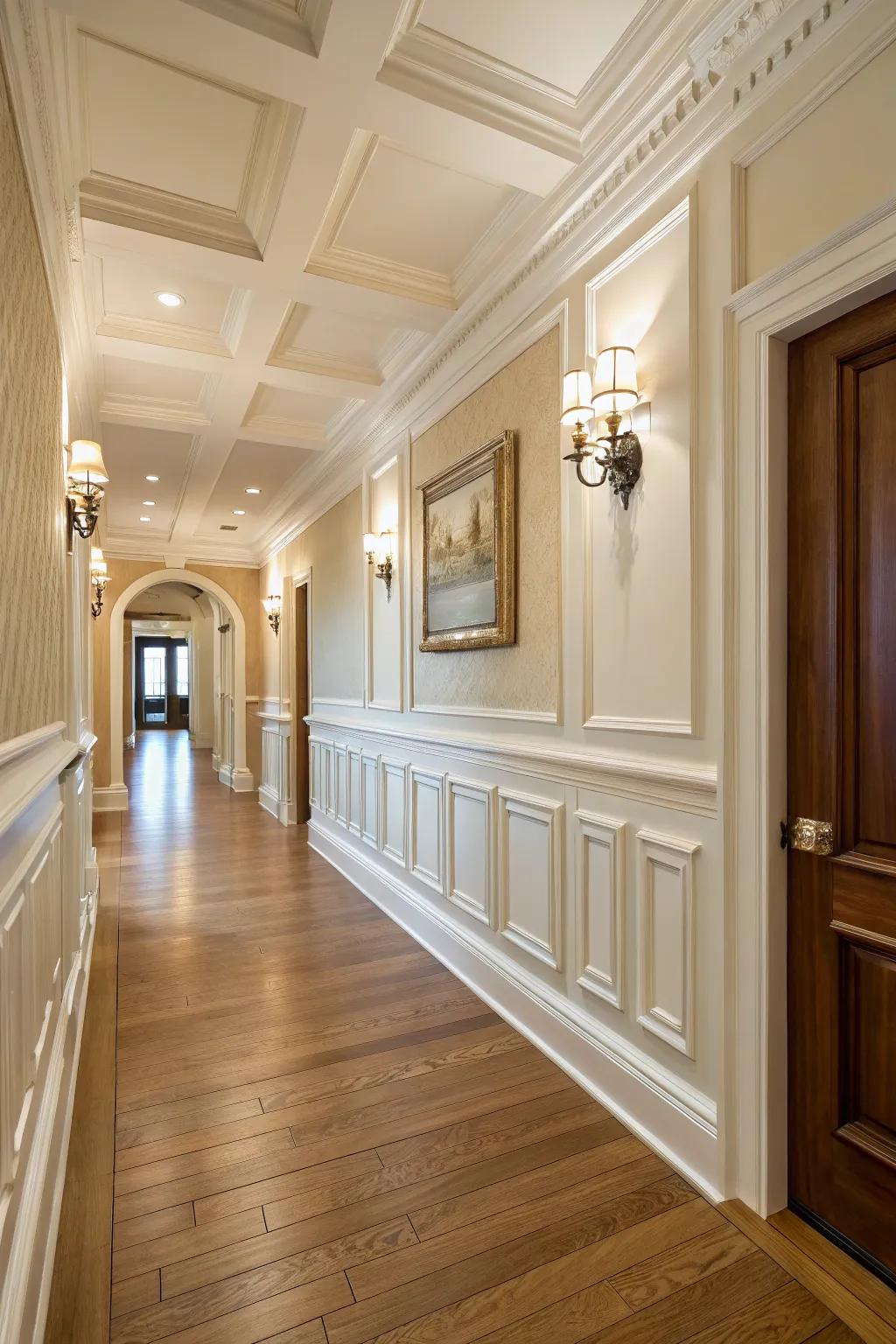 Traditional raised panel wainscoting offers timeless elegance.