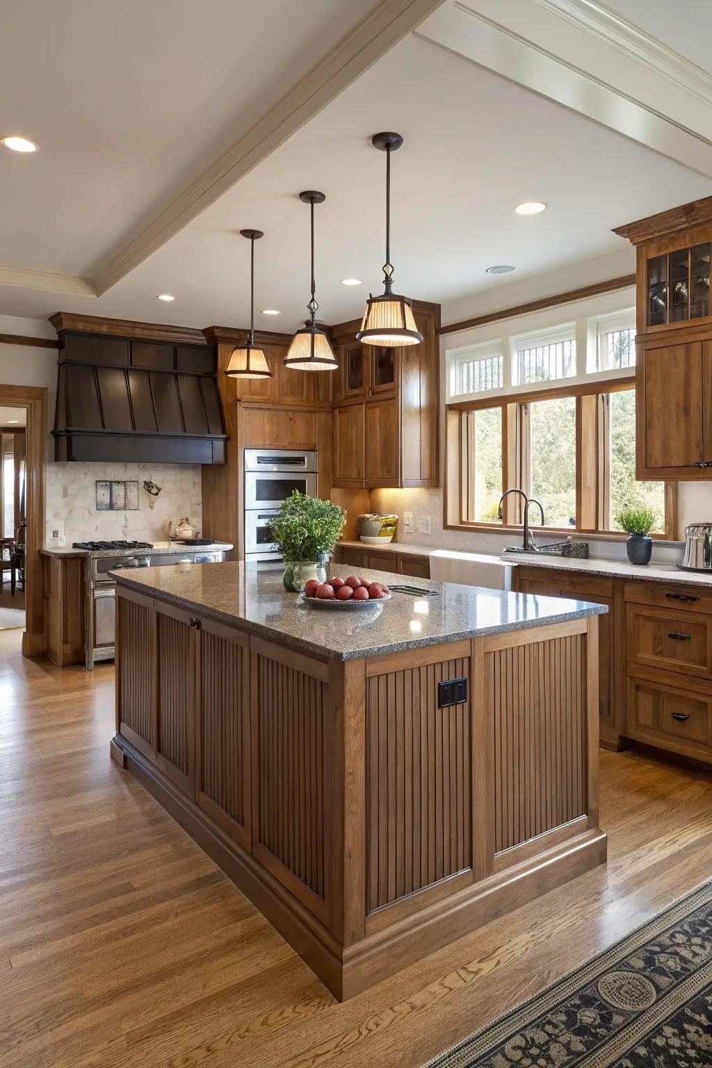 Varying wainscoting heights create visual interest on this kitchen island.