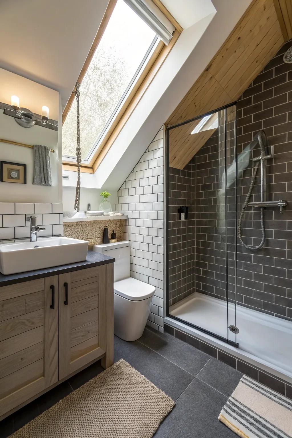 Sloped ceilings offer unique opportunities for creative shower layouts.