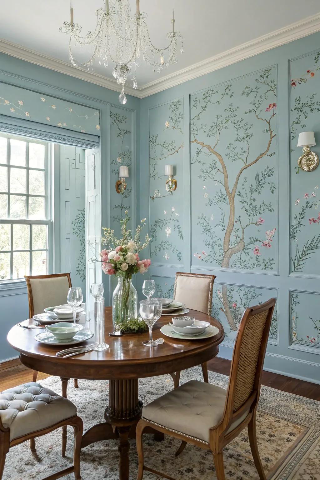 An elegant dining room with Chinoiserie wallpaper and soft blues.