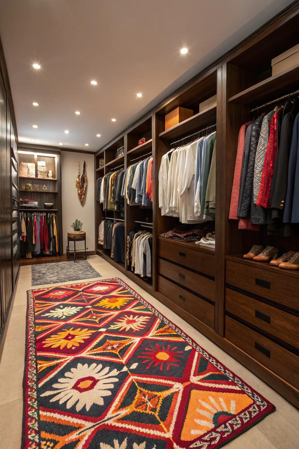 A statement rug brings warmth and texture to the wardrobe room.