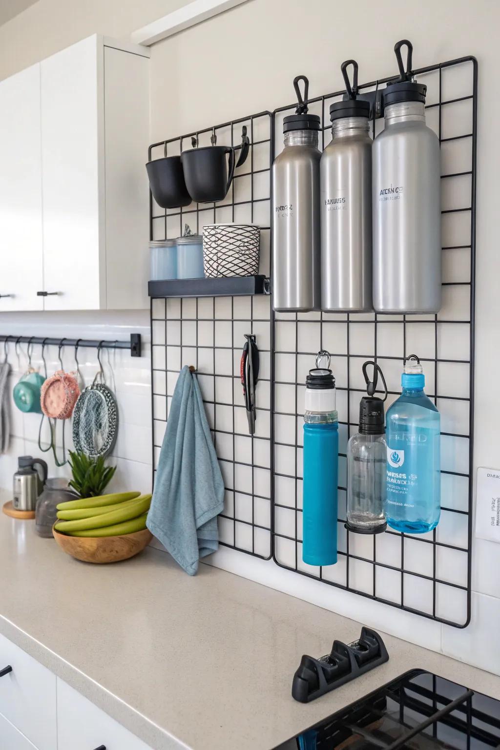 Modern and organized water bottle display on a wall grid