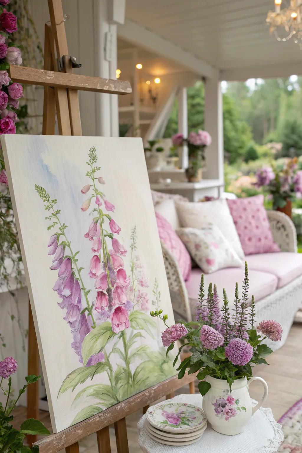 Capture vertical elegance with this enchanting painting of foxgloves.