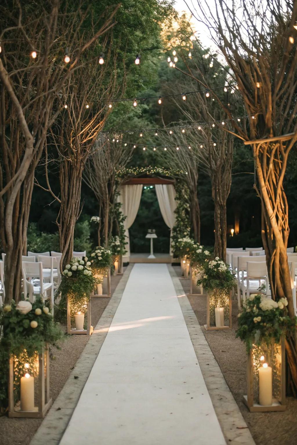 Artistic branch installations add a natural touch to a wedding aisle.