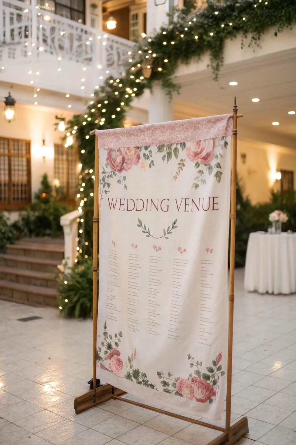 A soft fabric banner displaying seating details, adding a timeless touch to a romantic wedding.