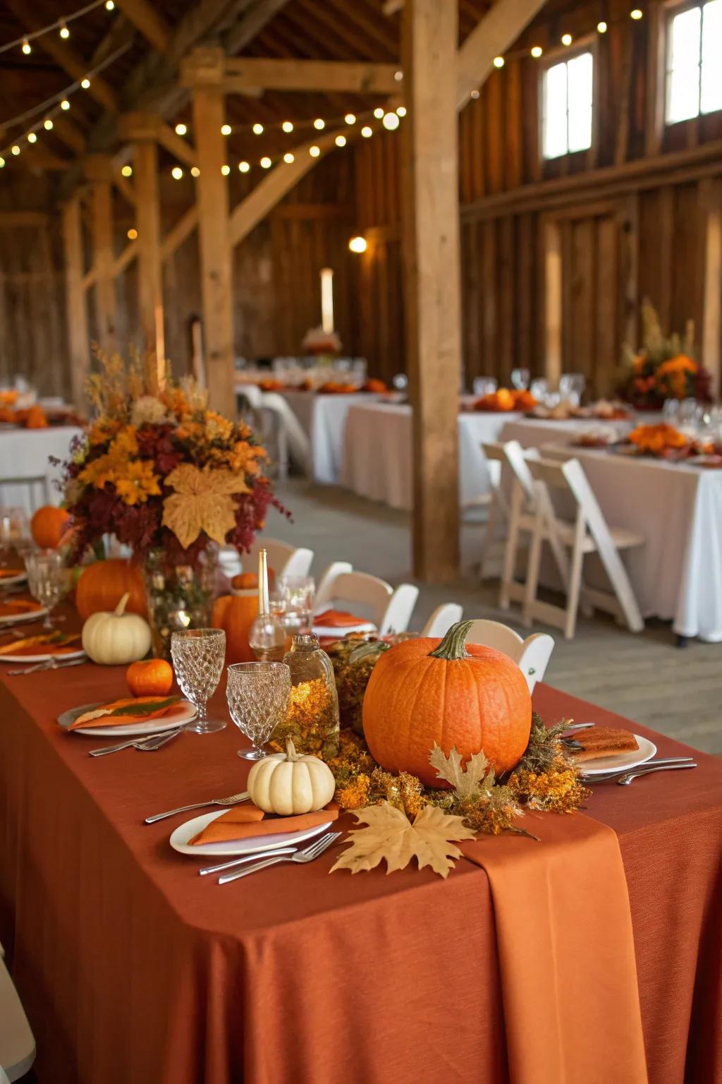 An autumn harvest wedding table setting with rich seasonal colors.