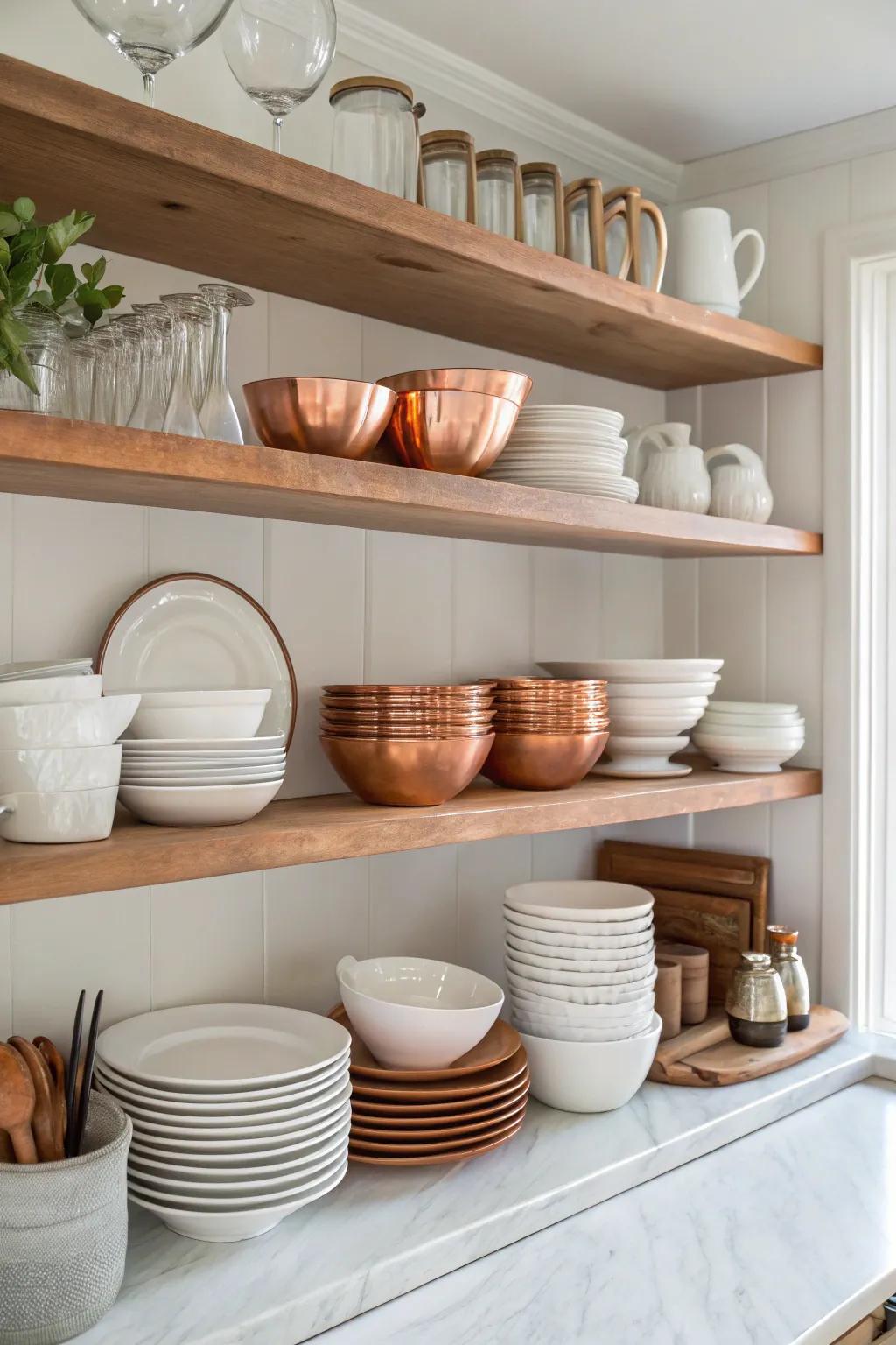 Copper and white dishware create an elegant display in kitchen cabinets.