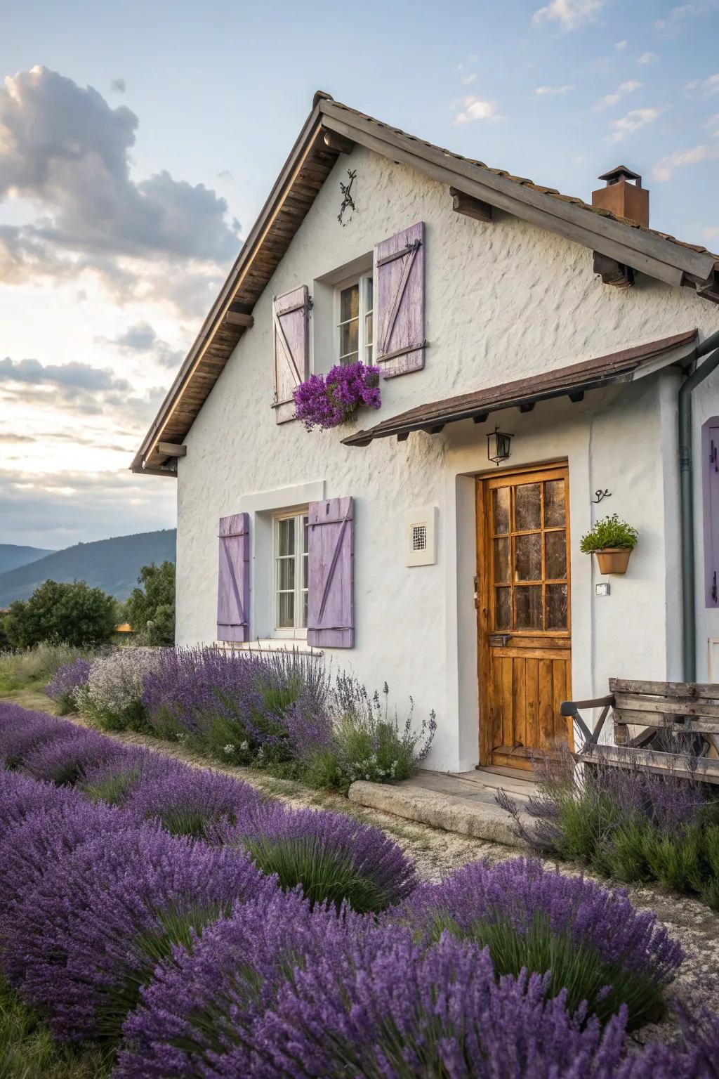 Lavender trim adds a soft and elegant touch to this charming white home.