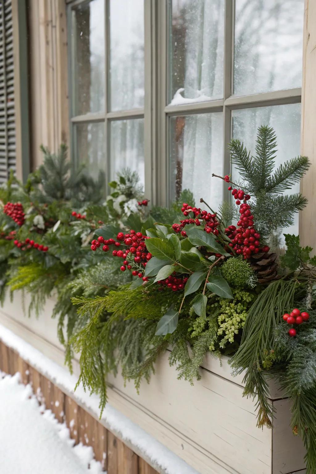 A winter-themed window box with evergreens and red berries for a festive holiday display.