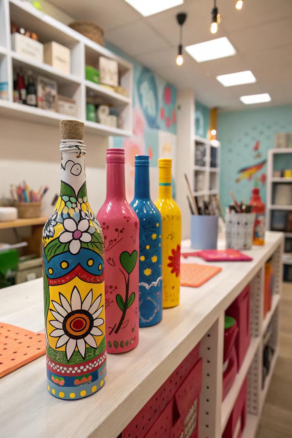 Unleash creativity with painted wine bottle designs.