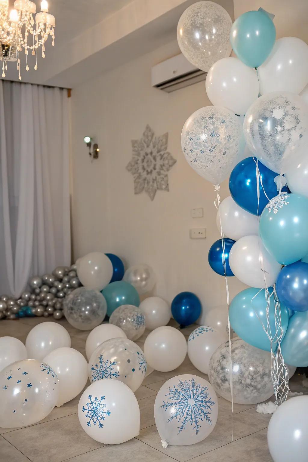 Winter-themed balloons bring color and joy to the celebration.