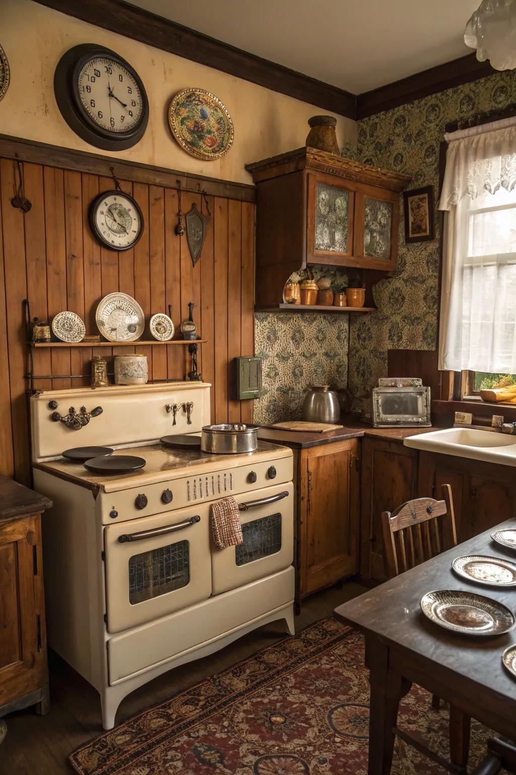 A retro kitchen featuring a charming vintage wood backsplash.