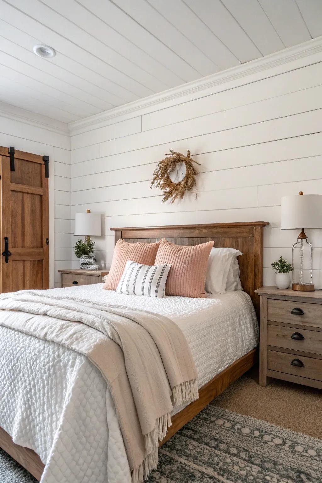 Bedroom featuring classic white farmhouse shiplap wall.