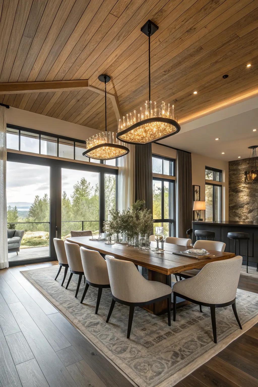 Modern lighting highlights the beauty of the wood ceiling.