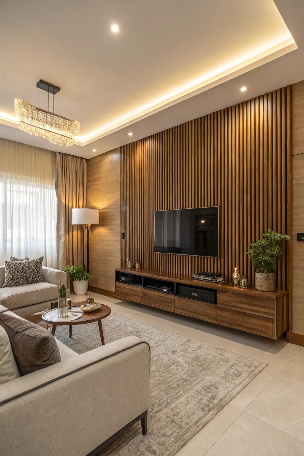 Custom-made wood slats create a unique and cohesive look.