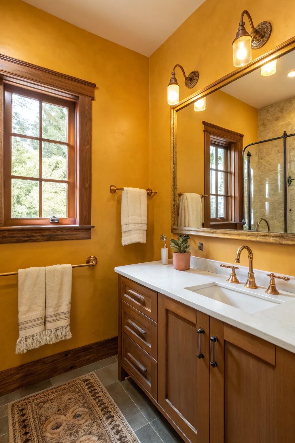 A vibrant bathroom with marigold walls that exude warmth and joy.