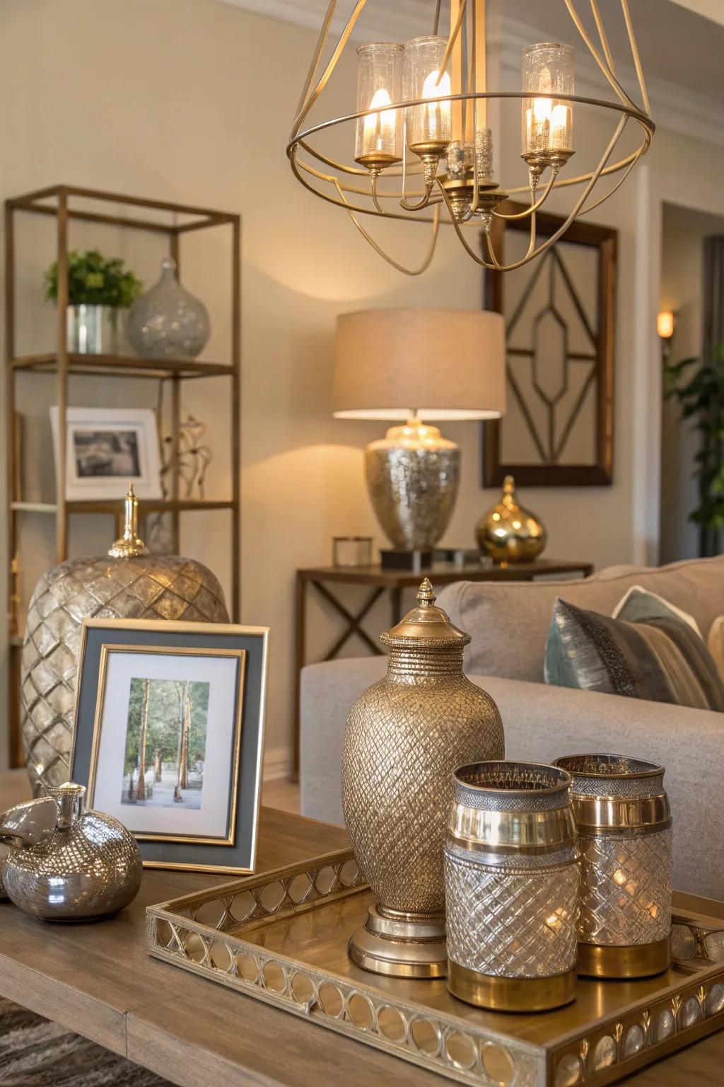 Metallic accents like brass and gold bring a touch of luxury to the space.