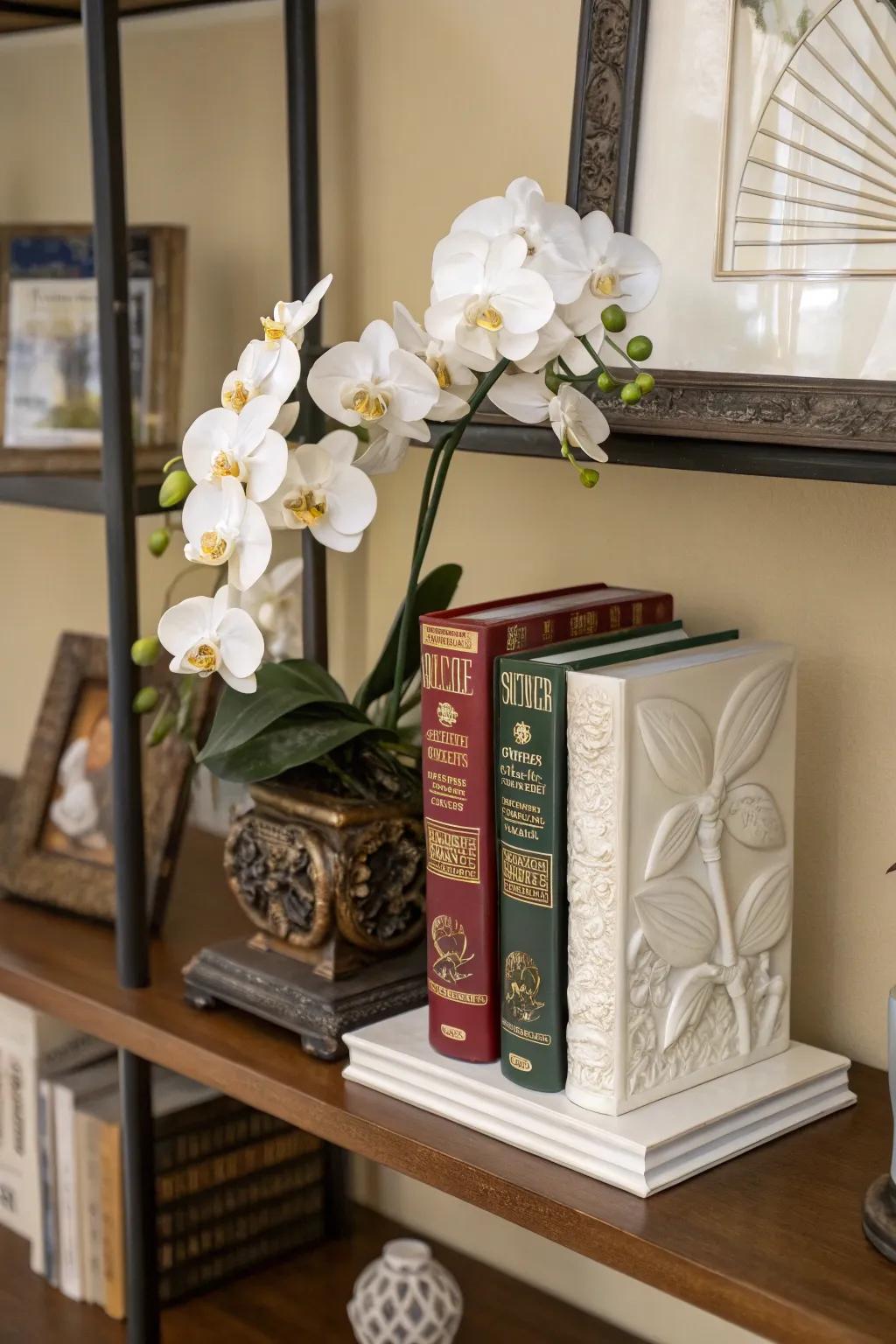 Organize in style with orchid bookends.