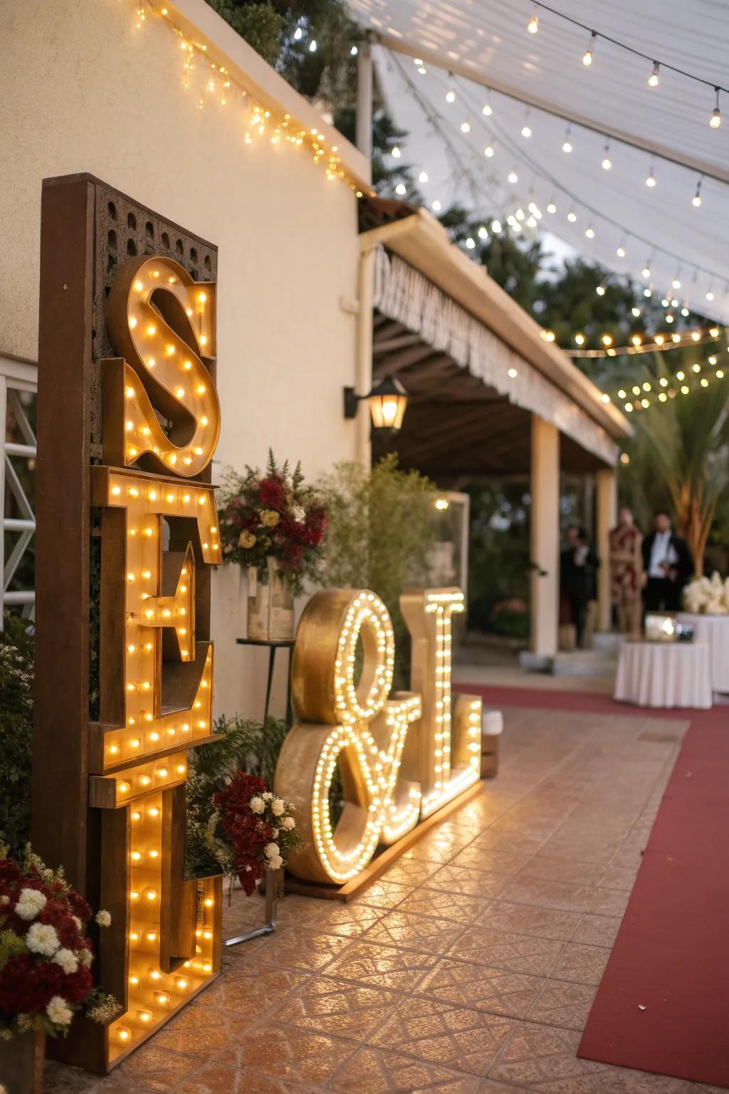 Golden signage elegantly guides guests throughout the celebration.