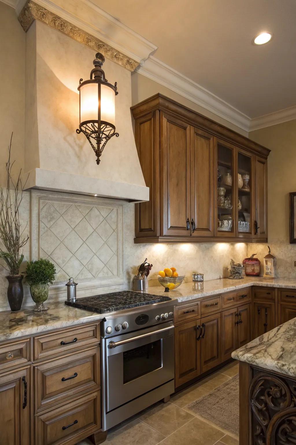 Sconce lighting above cabinets adds style and function.