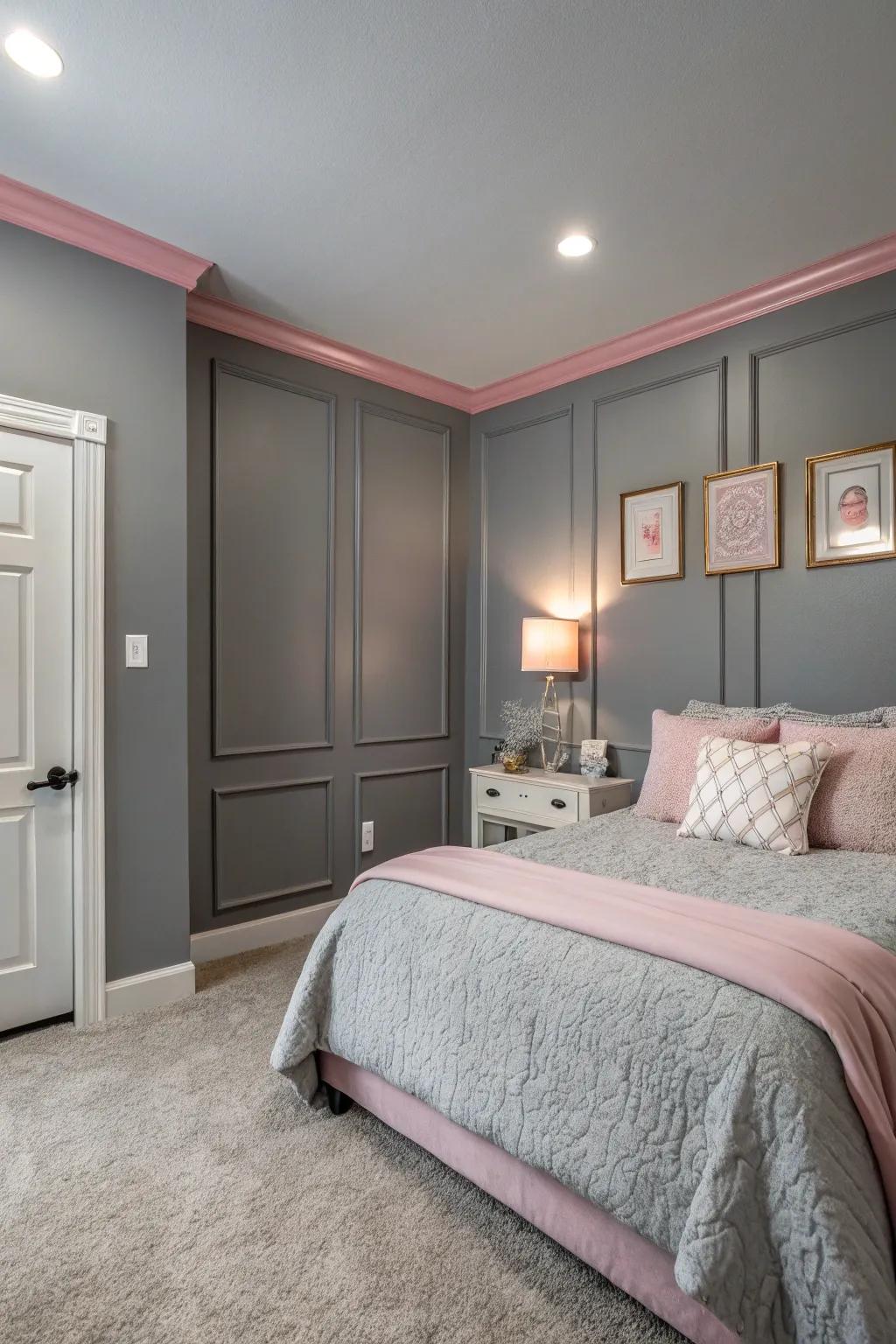 Grey walls with pink trim offer a subtle yet elegant touch.