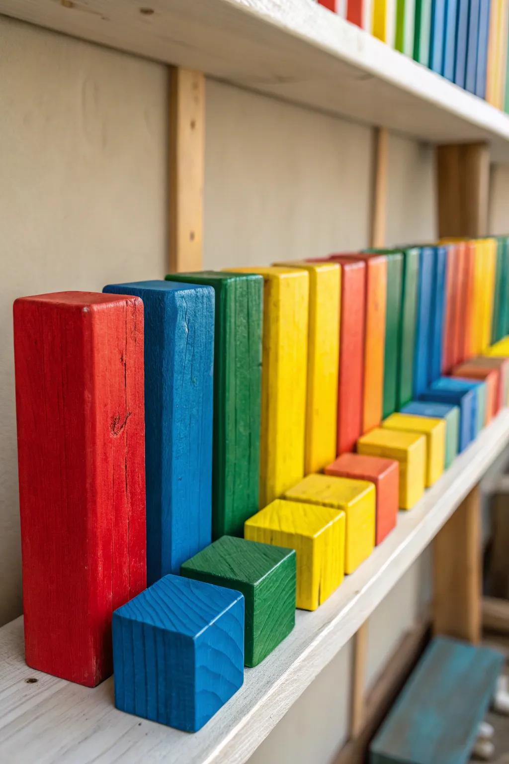 A vibrant set of painted wooden blocks, perfect for playful decor.