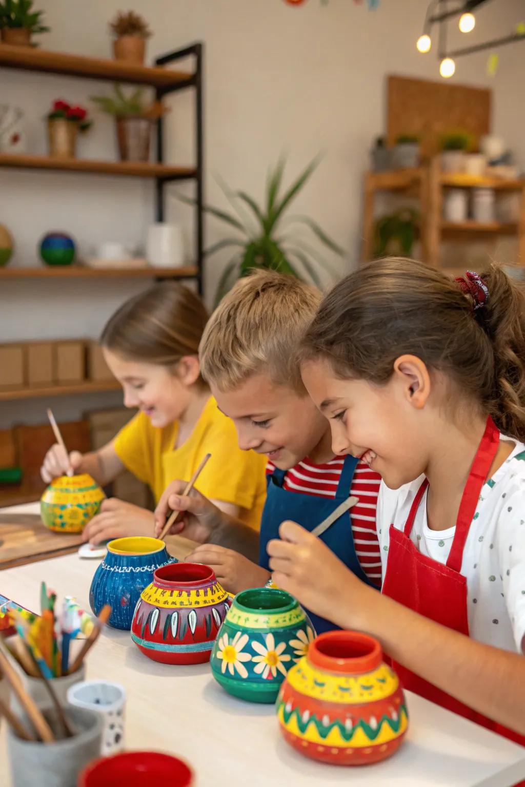 Kids immersed in painting pottery, each piece becoming a unique and colorful creation.