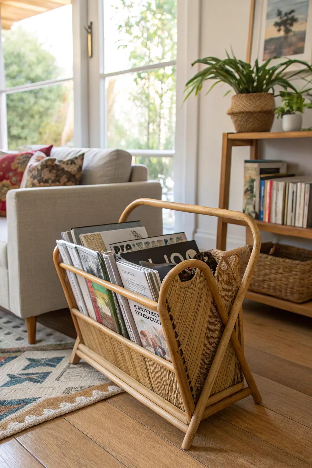 Bamboo magazine racks offer a chic solution to organizing your space.