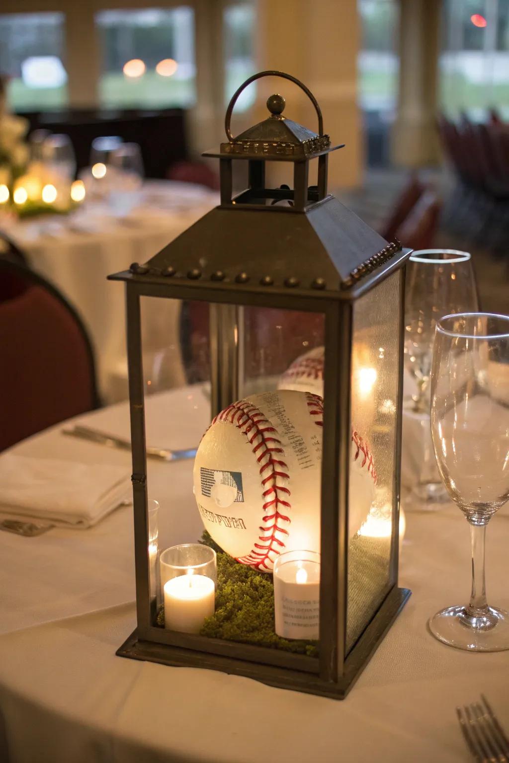 A lantern centerpiece that combines tradition with a sporty twist for evening elegance.