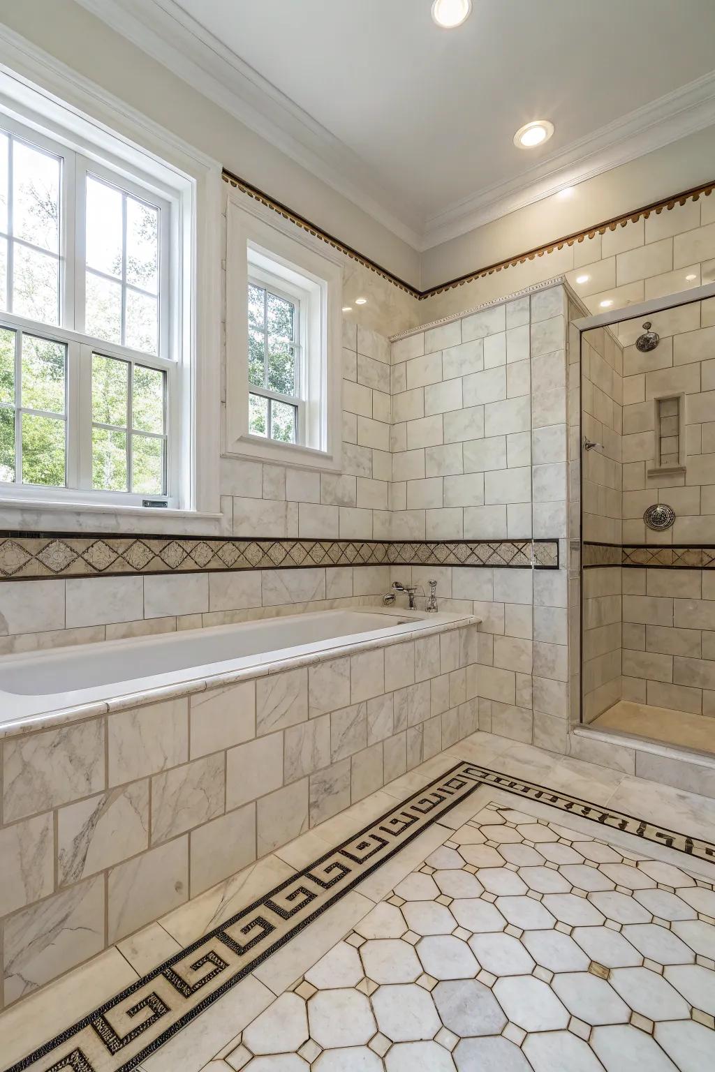 Elegant floor-to-ceiling tiles in a luxurious bathroom setting.