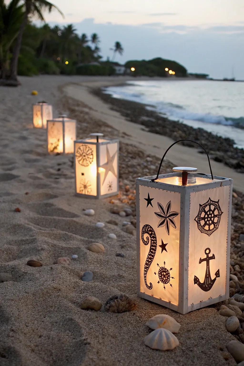 Decorative lanterns create a magical ambiance for beach evenings.