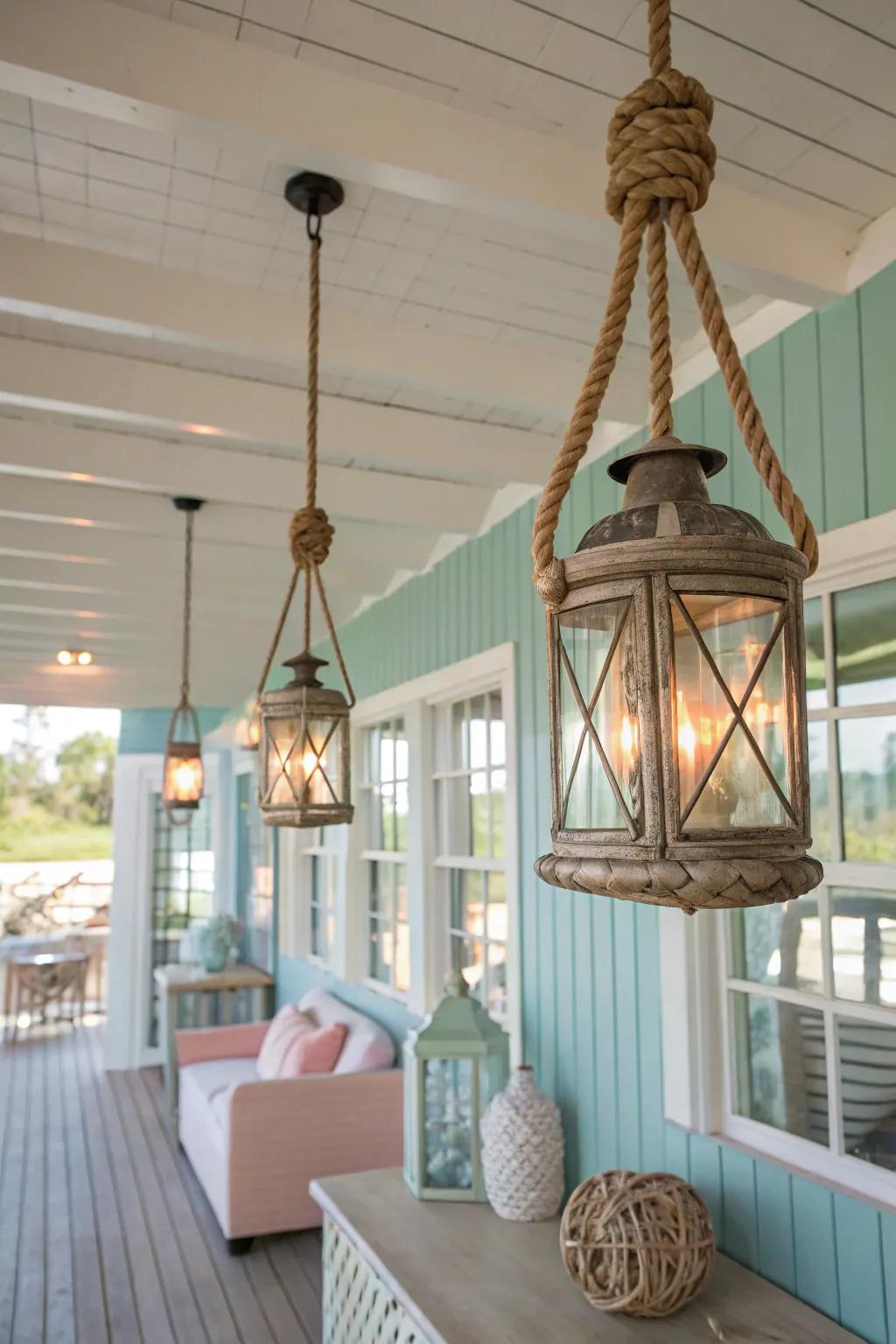 Nautical lighting enhances the coastal atmosphere in this beach house.