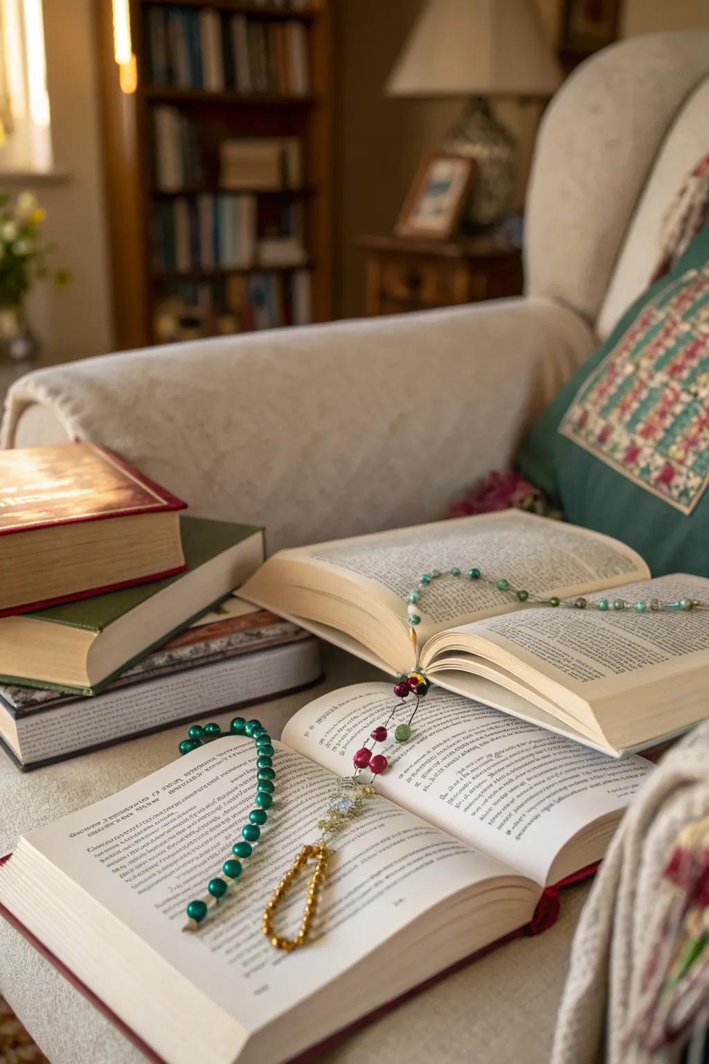 Beaded bookmarks making reading even more delightful.