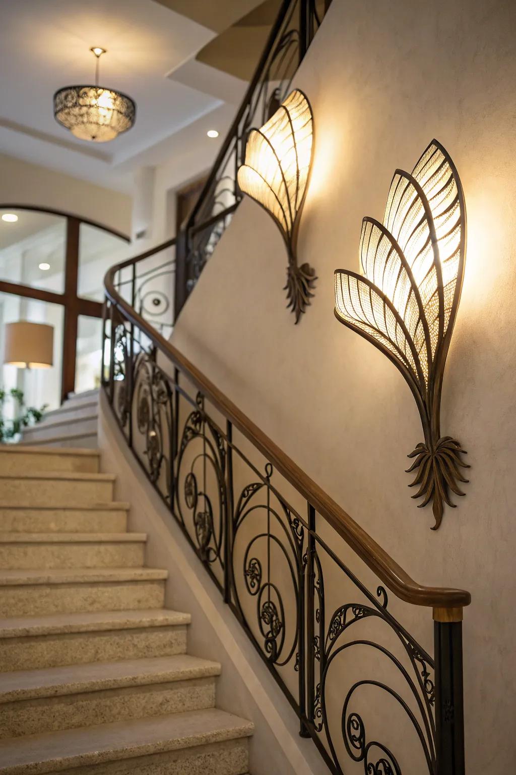 Organic-shaped sconces add a natural element to staircases.