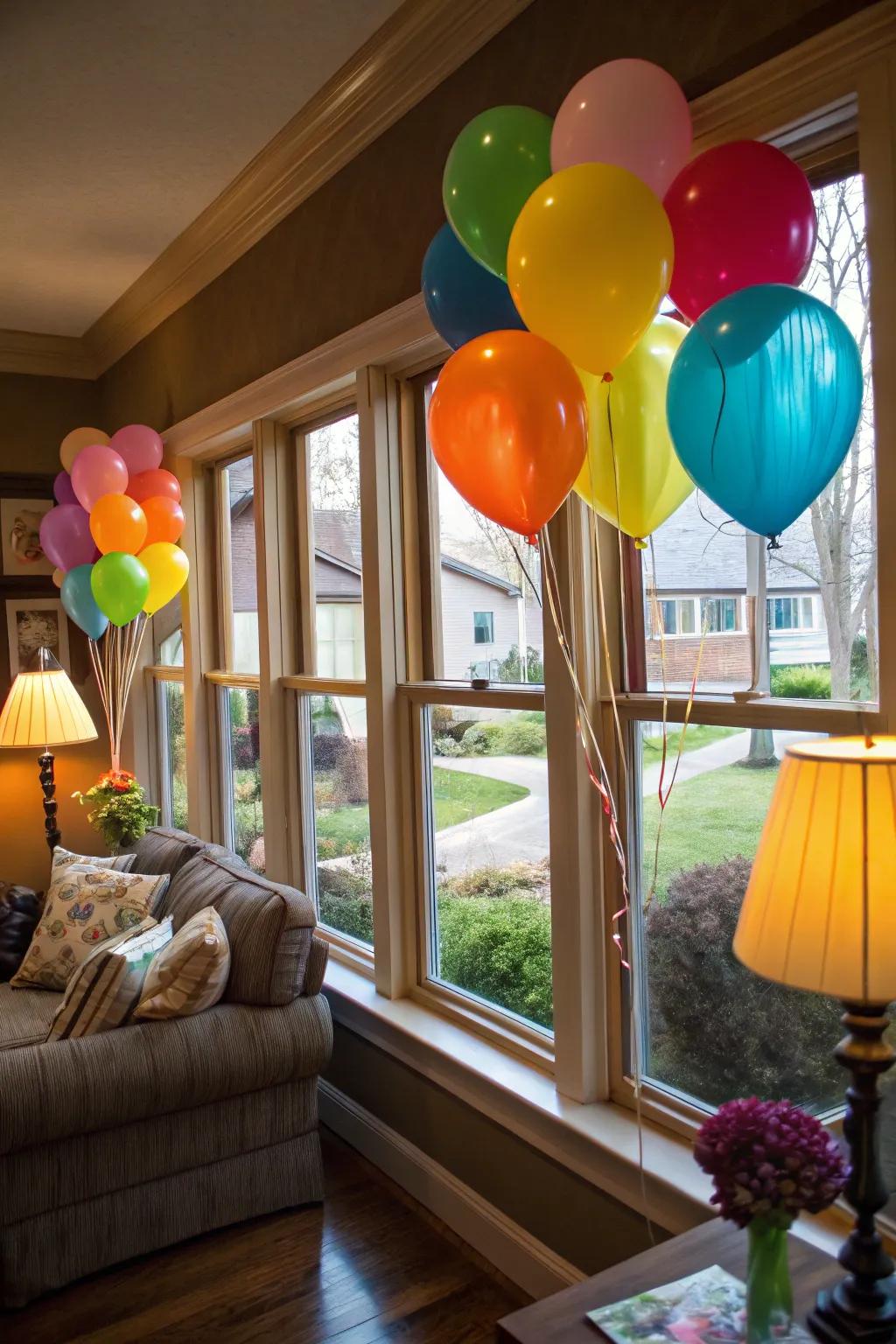 Festive balloon window displays that extend the party atmosphere to the exterior of the home.