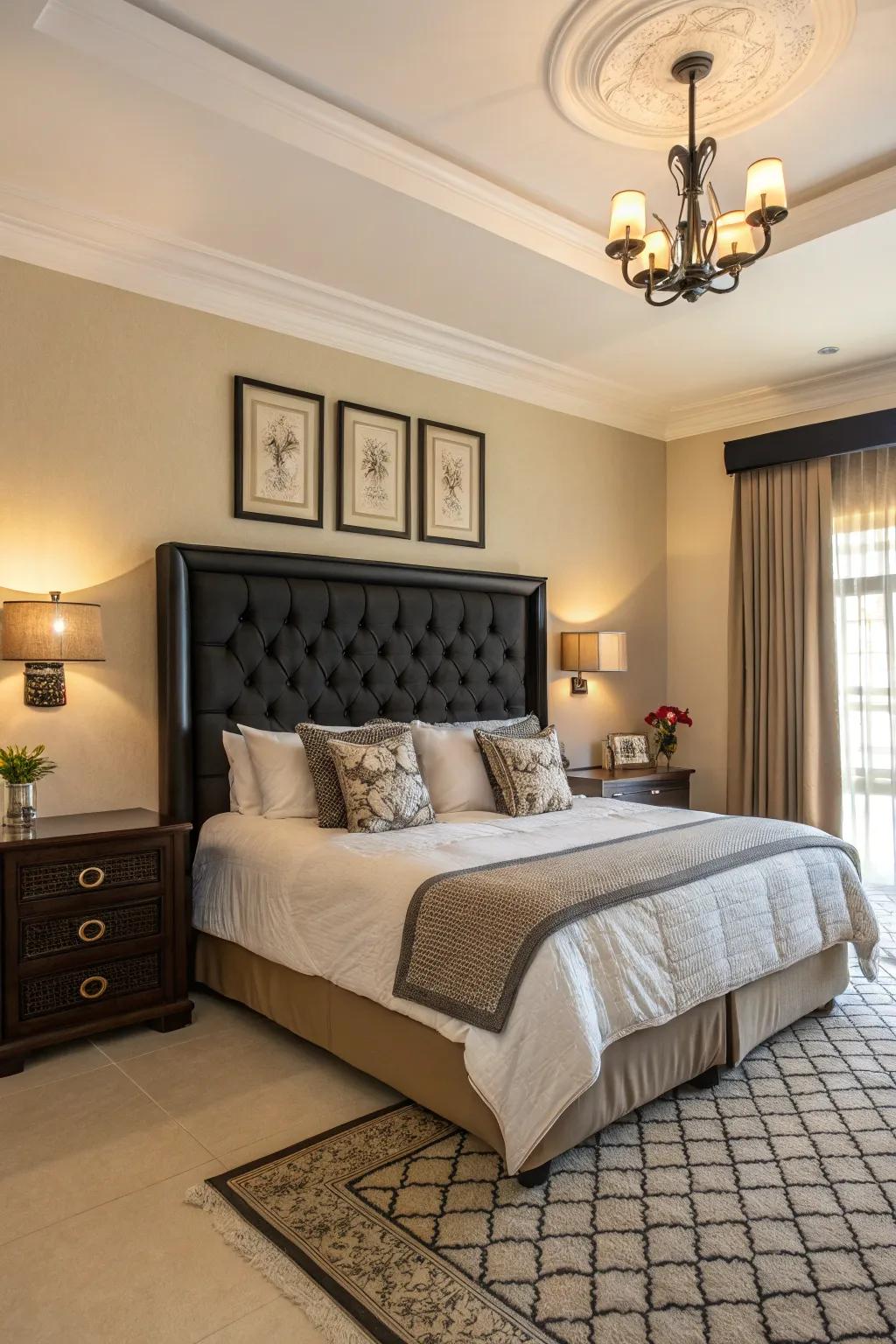 A bedroom with a bold black headboard as the centerpiece.