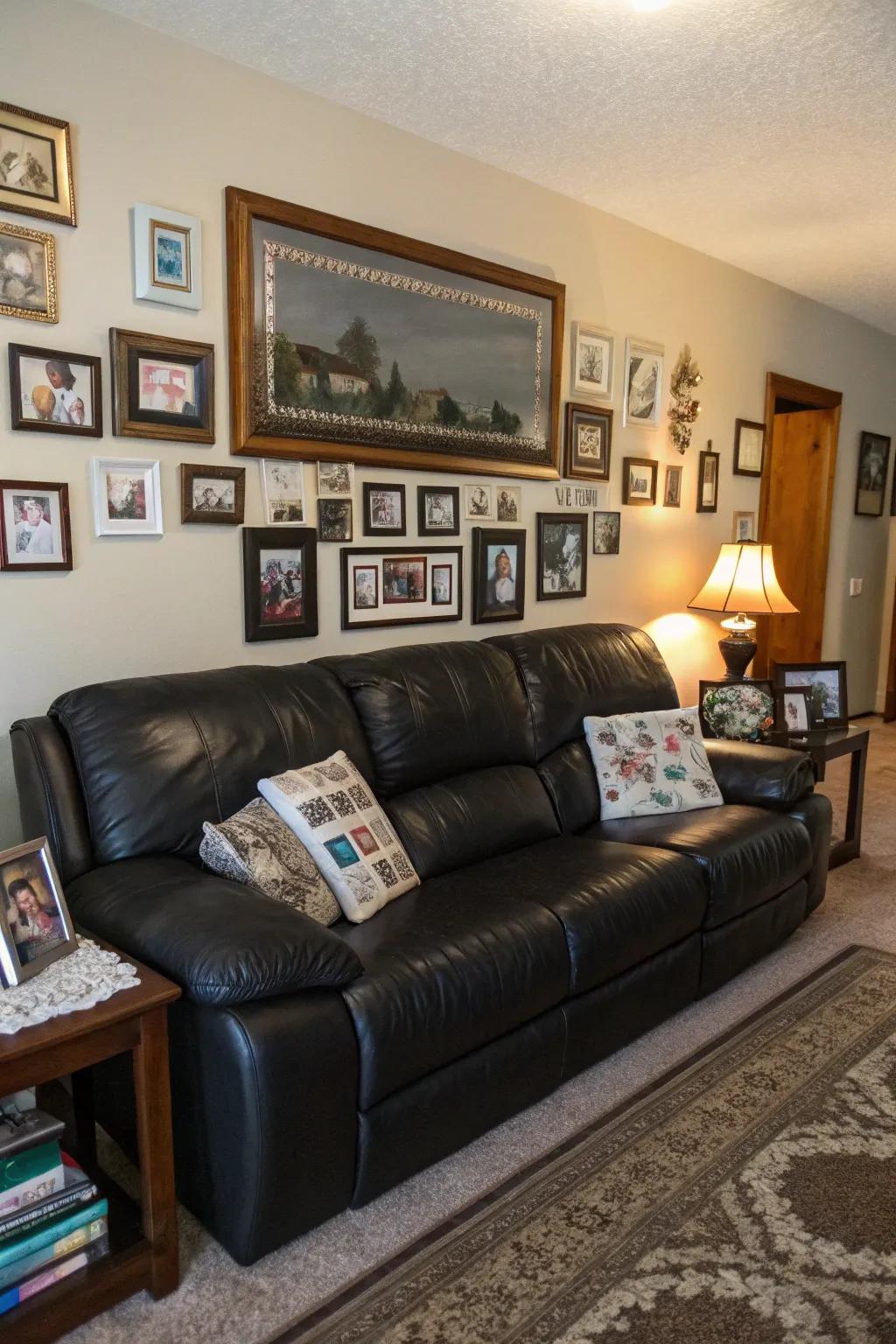 Personal touches around the black leather sofa create a warm and inviting atmosphere.