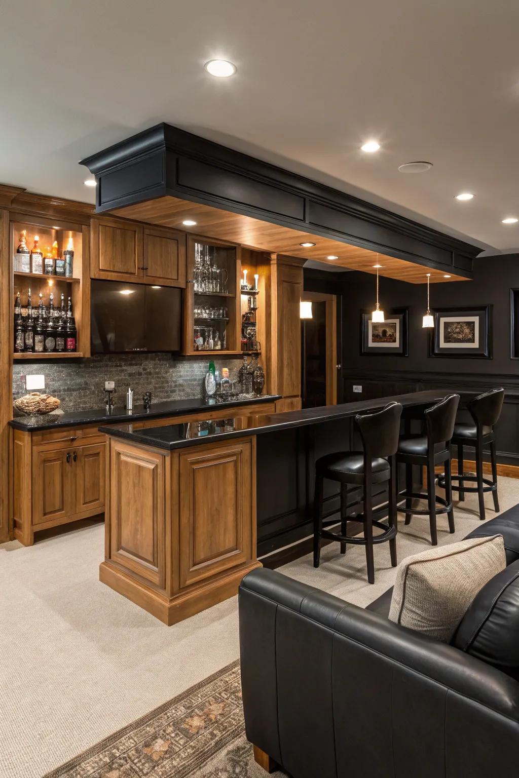 A moody home bar that makes a stylish statement in black.