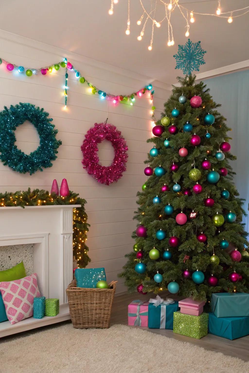 Mixing blue with bright colors creates a bold and eclectic holiday decor style.