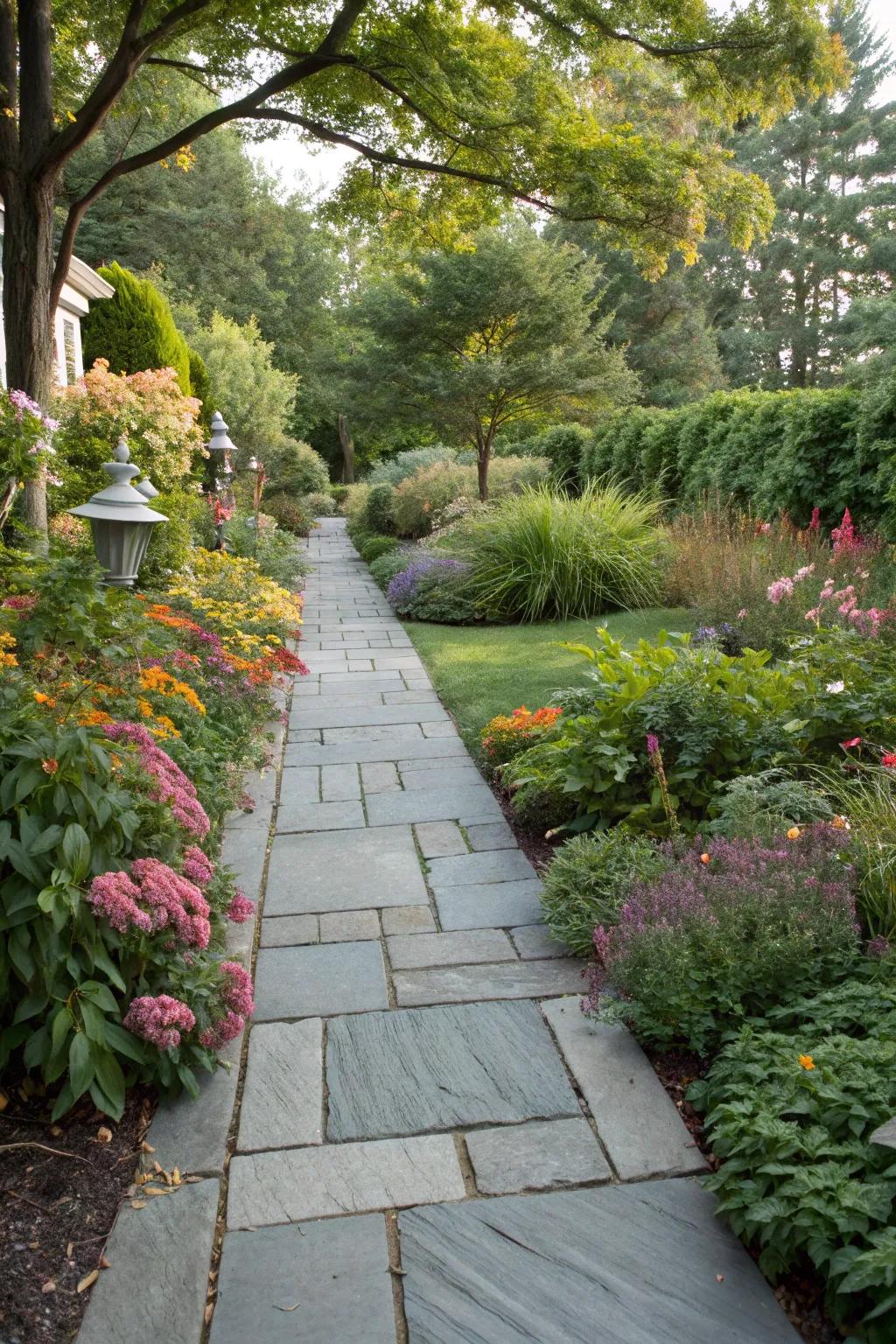 Seasonal plantings keep bluestone walkways lively all year round.