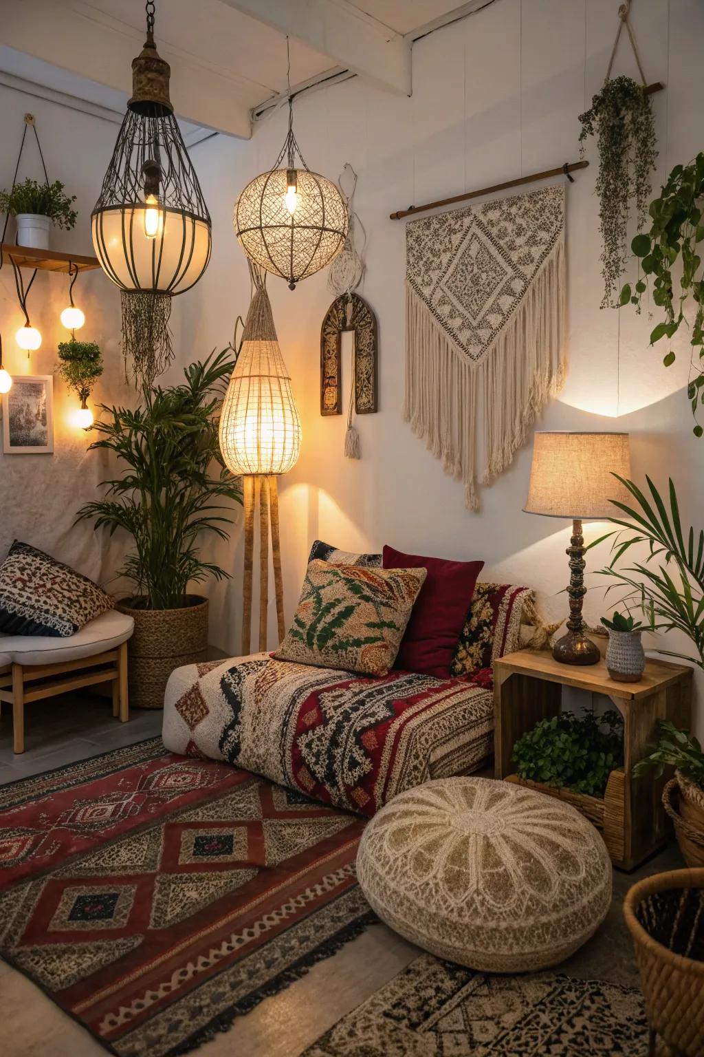 Unique lighting fixtures add an unexpected twist to boho interiors.