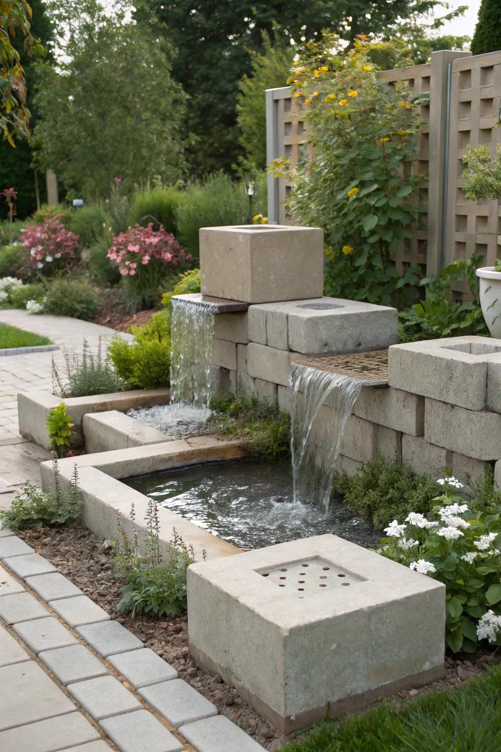 An elegant water feature crafted from decorative breeze blocks.