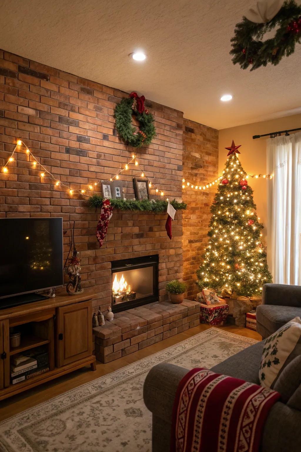 Seasonal decor brings a festive touch to the brick wall.