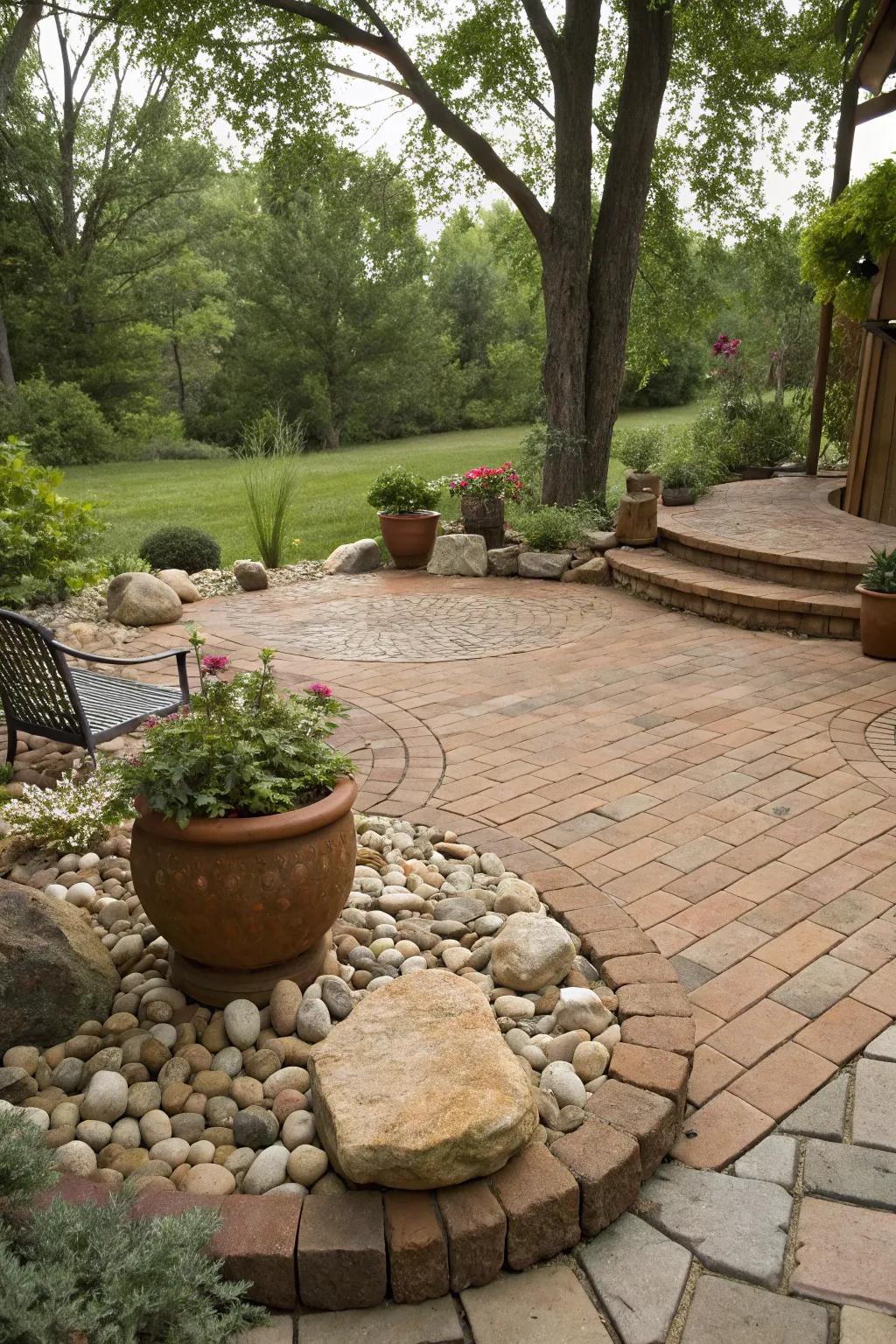 Rounded edges create an organic, inviting brick patio.